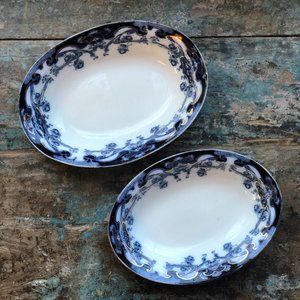 Vintage Staffordshire Royal Pottery Iris Flow Blue Set of 2 Oval Vegetable Dish